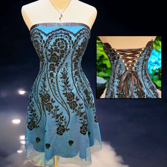 Morgan & Co. ✦ Strapless Blue Floral Dress ✦ Lace-Up Back Tulle Mini Sz 5/6 NWT - Picture 2 of 16